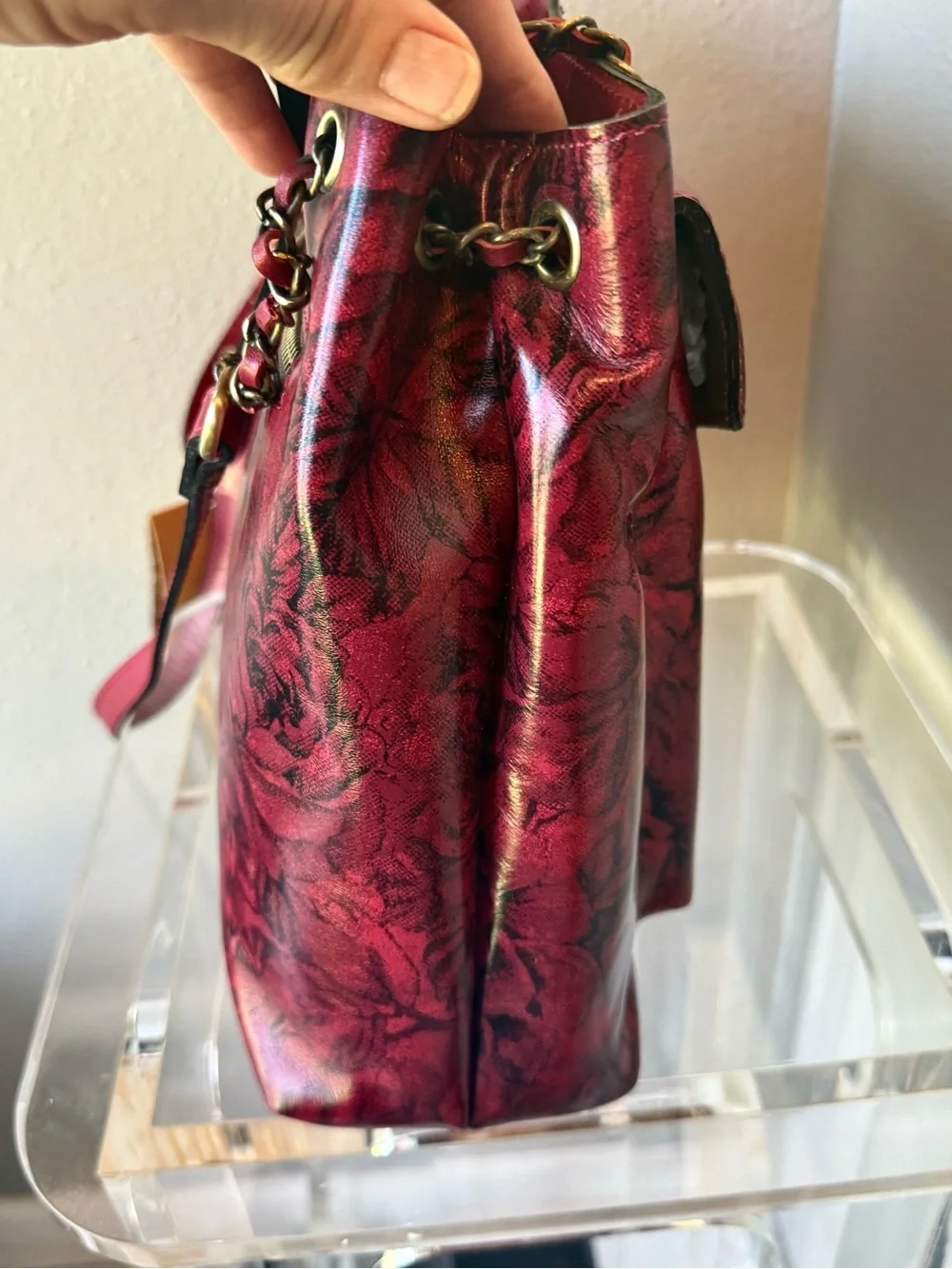 Patricia Nash Red rose Embossed Satchel with Gold Hardware